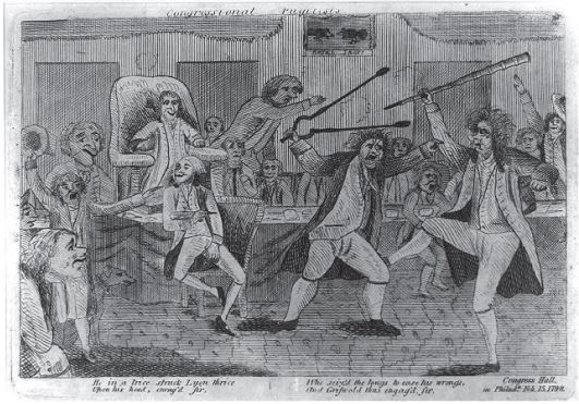 A satirical print depicting the notorious brawl on the floor of the House of Representatives between Republican Matthew Lyon and Federalist Roger Griswold in 1797